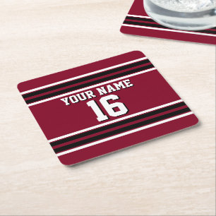 Burgundy Black Wht Team Jersey Custom Number Name Square Paper Coaster