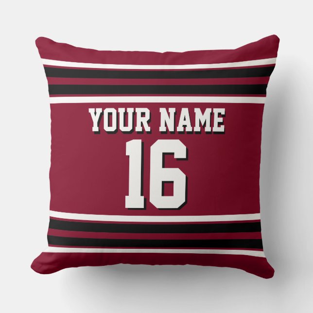 Burgundy Black Wht Team Jersey Custom Number Name Throw Pillow (Front)