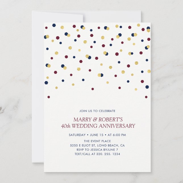 Burgundy, Bleu & Confettis Dorés Invitation Annive (Devant)