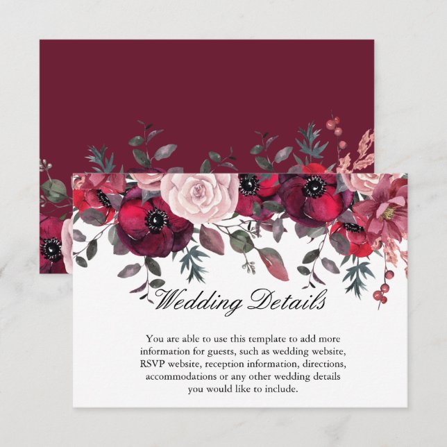 Burgundy Bloom Blush Blue Floral Wedding Enclosure Card (Front/Back)