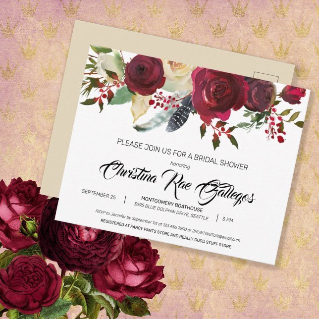 Burgundy Bloom Boho Floral Bridal Shower Invite Postcard (Creator Uploaded)