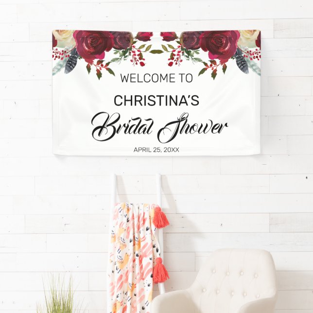 Burgundy Bloom Boho Floral Bridal Shower Welcome Banner (Insitu)