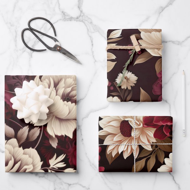 Burgundy Bloom Flowers Wrapping Paper Sheet (Front)