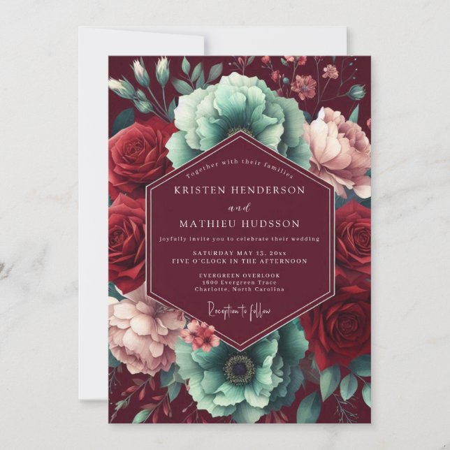 Burgundy Bloom Moody Romance Wedding Invitation (Front)