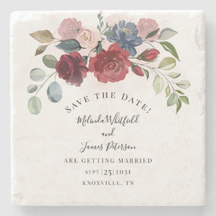 Burgundy Bloom Rustic Floral Save The Date Stone Coaster