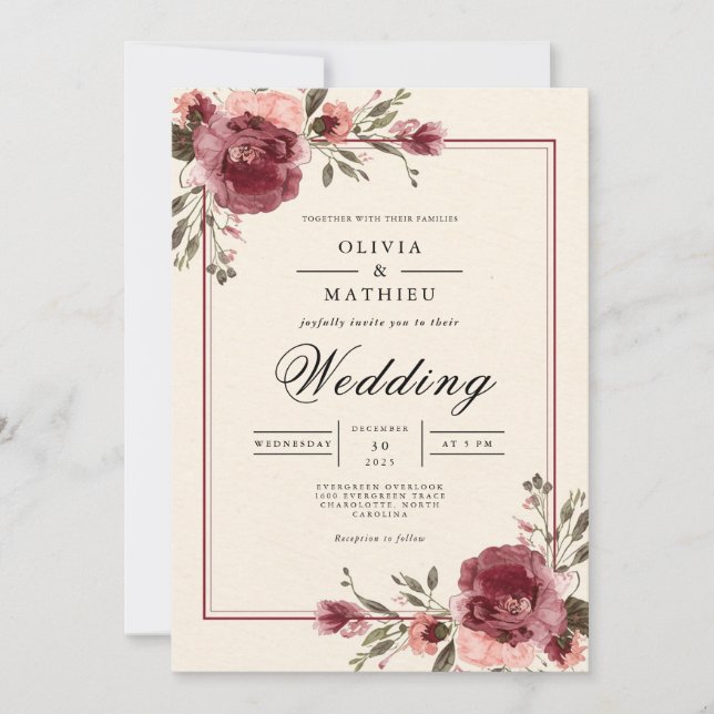 Burgundy Blossom Border Wedding Invitation (Front)