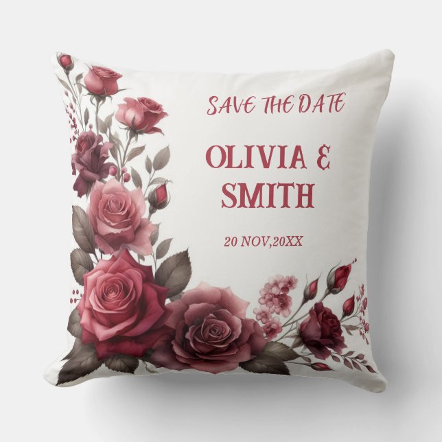 Burgundy Blossom Elegance Throw Pillow (Front)