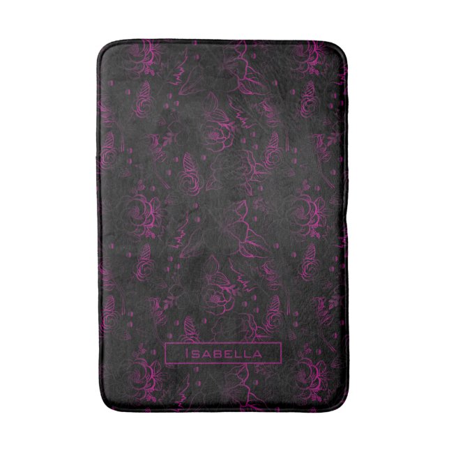 Burgundy blossom floral pattern personalized name  bath mat (Front Vertical)