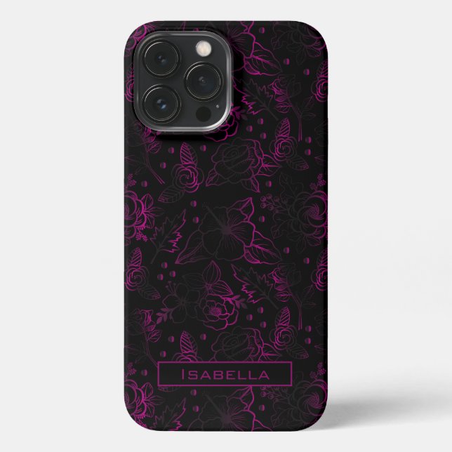 Burgundy blossom floral pattern personalized name iPhone case (Back)