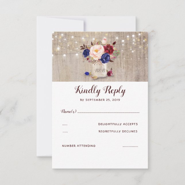 Burgundy Blue and Blush Flowers Rustic RSVP (Front)
