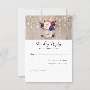 Burgundy Blue and Blush Flowers Rustic RSVP Card