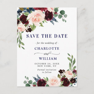 Burgundy Blue Blush Floral Wedding Save the Date Postcard