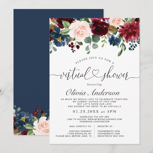 Burgundy Blue Blush Flowers Virtual Bridal Shower Invitation (Front/Back)