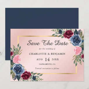 Burgundy Blue Blush Gold Floral Wedding Save The Date