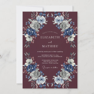 Burgundy Blue Botanical Watercolor Wedding Invitation