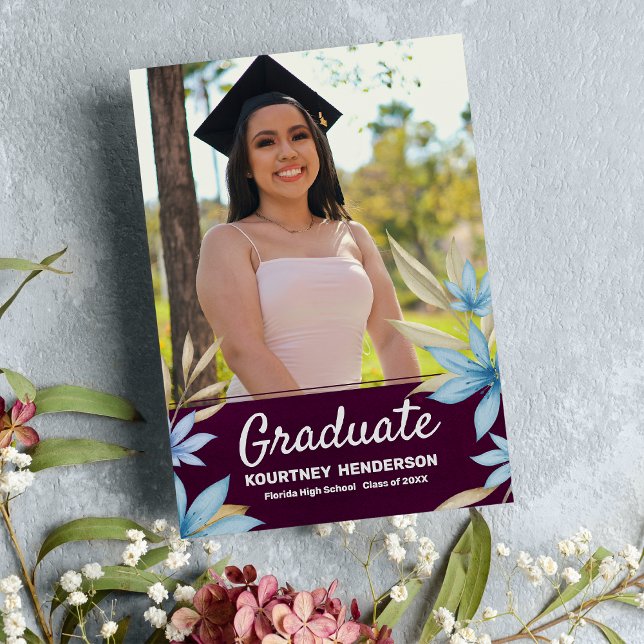 Burgundy blue brown floral photo Graduation Party Invitation (Burgundy blue brown floral photo Graduation Party)