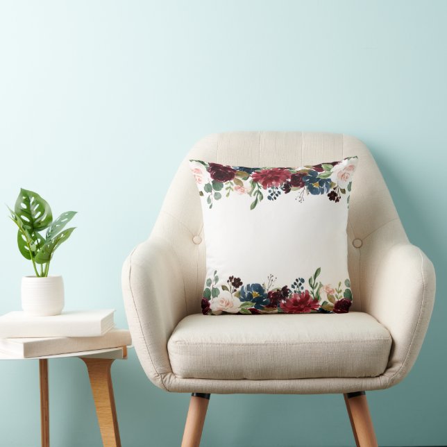 Burgundy & Blue English Flowers Wedding Favour Throw Pillow (Chair)