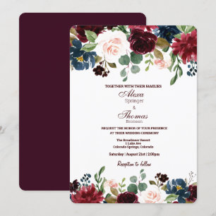 Burgundy & Blue English Flowers Wedding Invitation