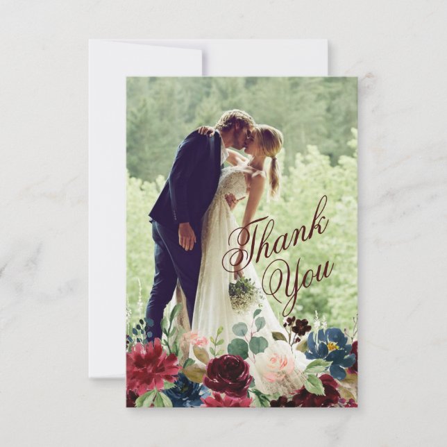 Burgundy & Blue English Flowers Wedding Thank You (Front)