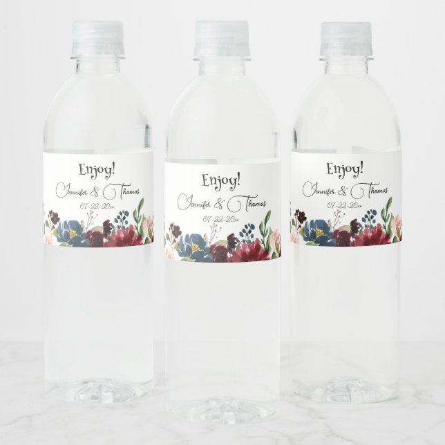 Burgundy & Blue English Flowers Wedding  Water Bottle Label (Bottles)
