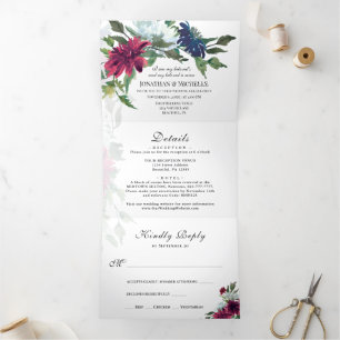Burgundy Blue Floral All in One Christian Wedding Tri-Fold Invitation