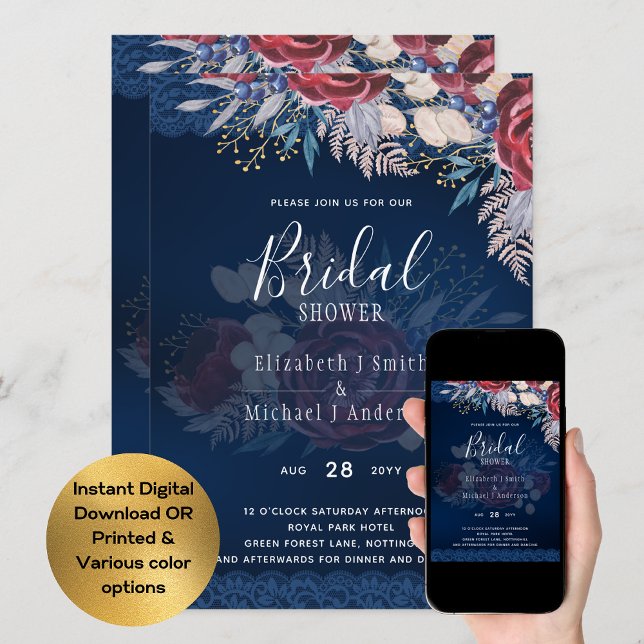 Burgundy Blue Floral Bridal Shower Invite DIGITAL (Creator Uploaded)