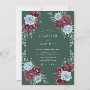 Burgundy Blue Floral Flourish Wedding Invitation