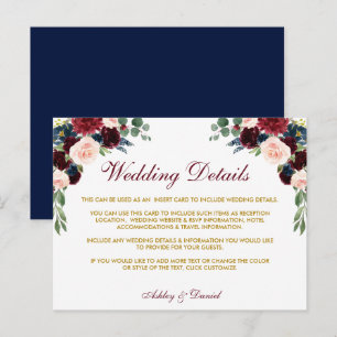 Burgundy Blue Floral Fold Wedding Details Card