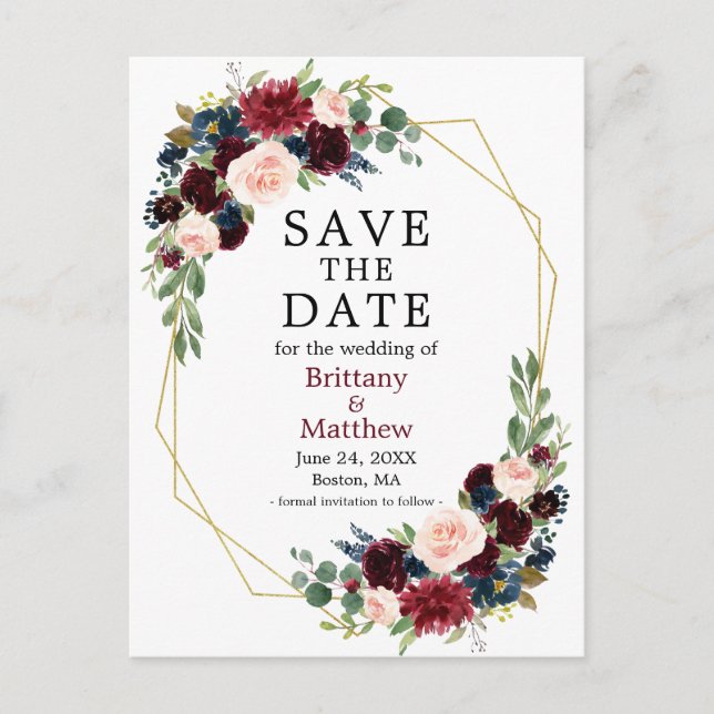 Burgundy Blue Floral Geo Frame Save the Date Postcard (Front)