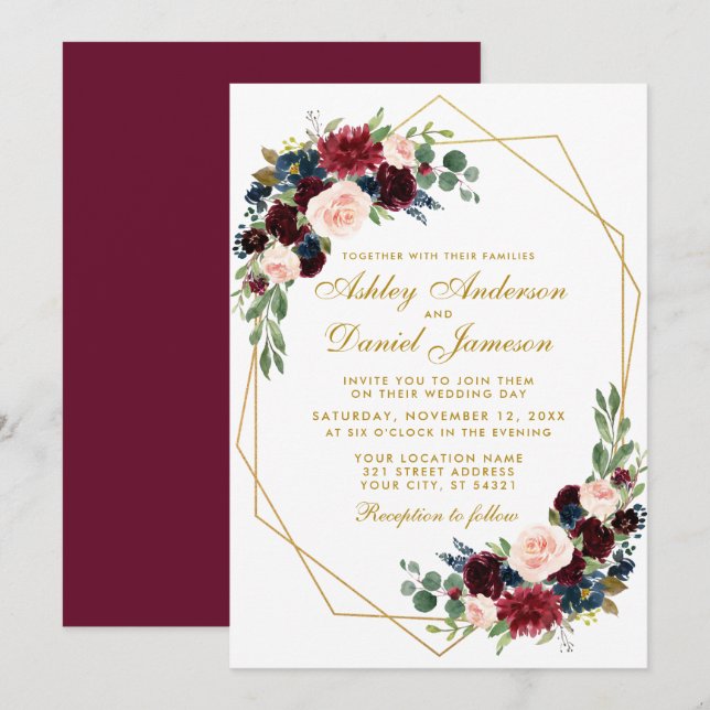 Burgundy Blue Floral Geometric Gold Wedding Invitation (Front/Back)