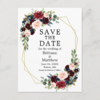 Burgundy Blue Floral Gold Geo Frame Save the Date