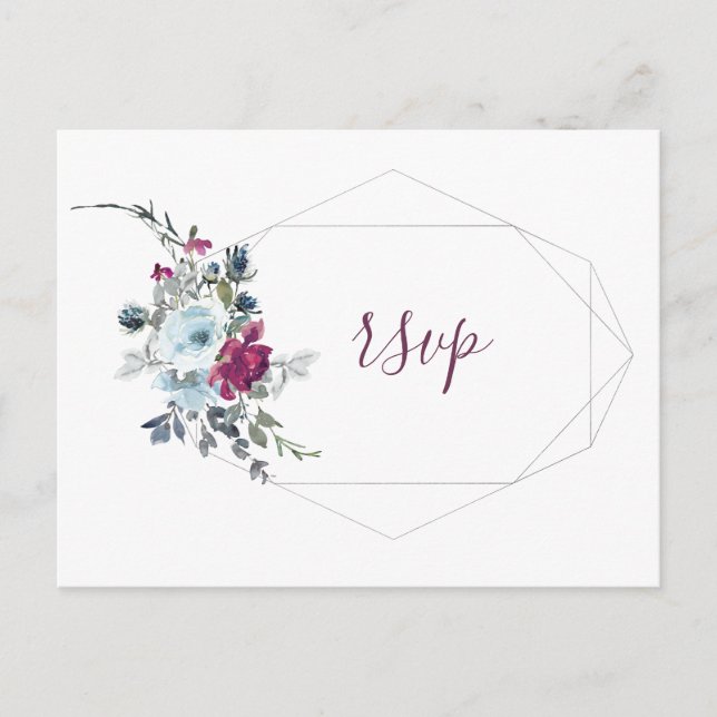 Burgundy blue floral gold geometric frame rsvp invitation postcard (Front)