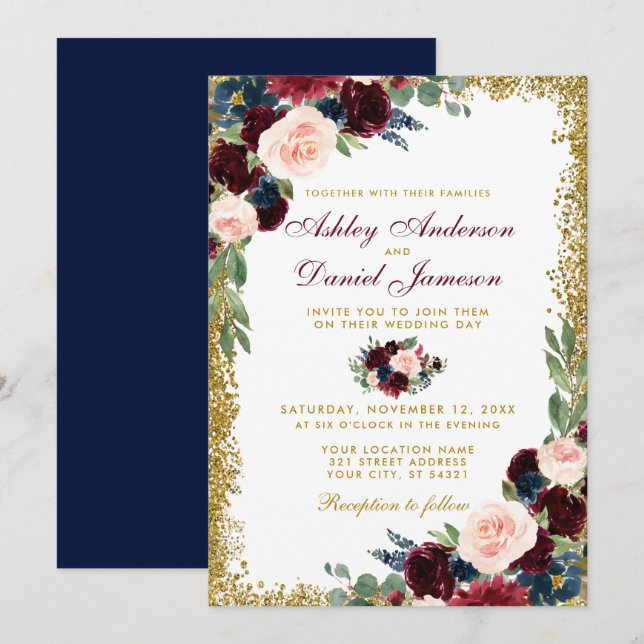 Burgundy Blue Floral Gold Glitter Wedding B Invitation (Front/Back)