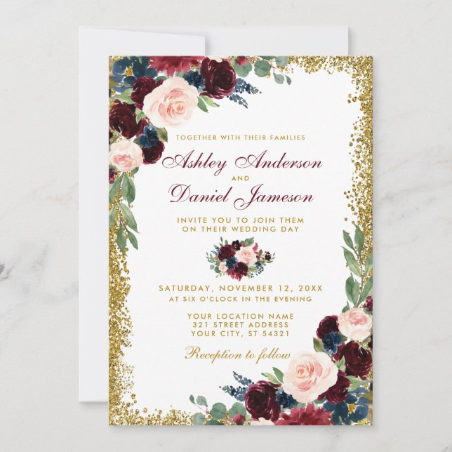 Burgundy Blue Floral Gold Glitter Wedding W Invitation (Front)
