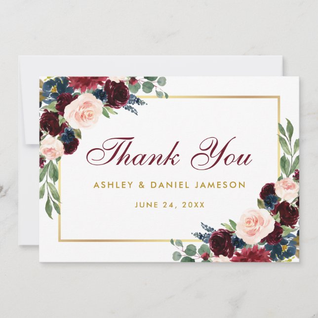 Burgundy Blue Floral Gold Mariage Merci (Devant)