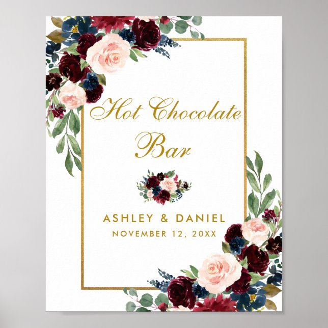 Burgundy Blue Floral Gold Wedding Hot Chocolate Poster (Front)
