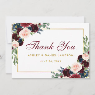 Burgundy Blue Floral Gold Wedding Thanks Thank You Card
