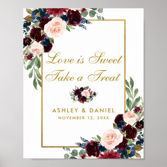 Burgundy Blue Floral Gold Wedding Treat Poster (Front)