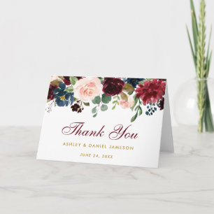 Burgundy Blue Floral Mariage Gold Merci carte plié