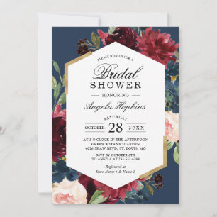 Burgundy Blue Floral Modern Vintage Bridal Shower Invitation