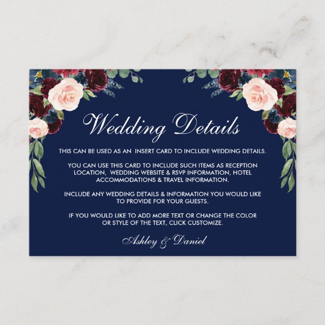 Burgundy Blue Floral Wedding Details Insert Card (Front)