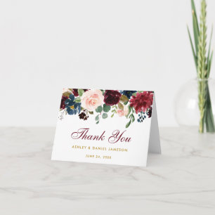 Burgundy Blue Floral Wedding Gold Thanks Note Card