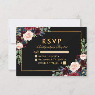 Burgundy Blue Floral Wedding RSVP Black Gold Card