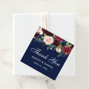 Burgundy Blue Floral Wedding Thank You Gold Favour Tags