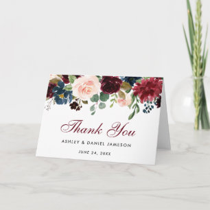 Burgundy Blue Floral Wedding Thanks Fold Card