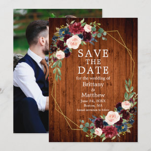 Burgundy Blue Floral Wood Geo Frame Photo Save The Date