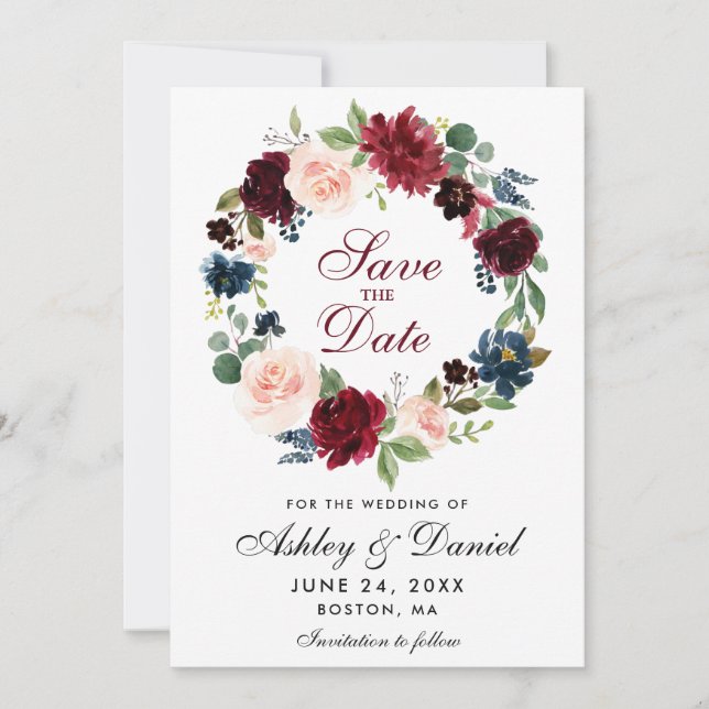 Burgundy Blue Floral Wreath Enregistrer La Carte D (Devant)