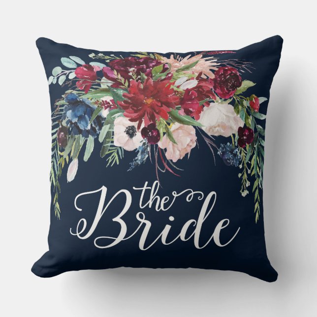 Burgundy & blue flowers bouquet, Bride typography Throw Pillow (Front)