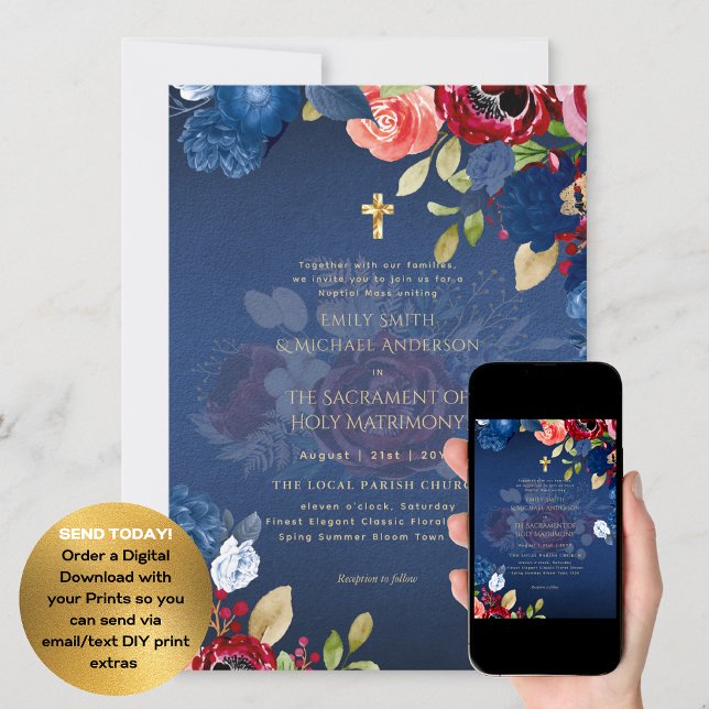 Burgundy Blue Flowers Catholic NuptialMass Wedding Invitation (Creator Uploaded)