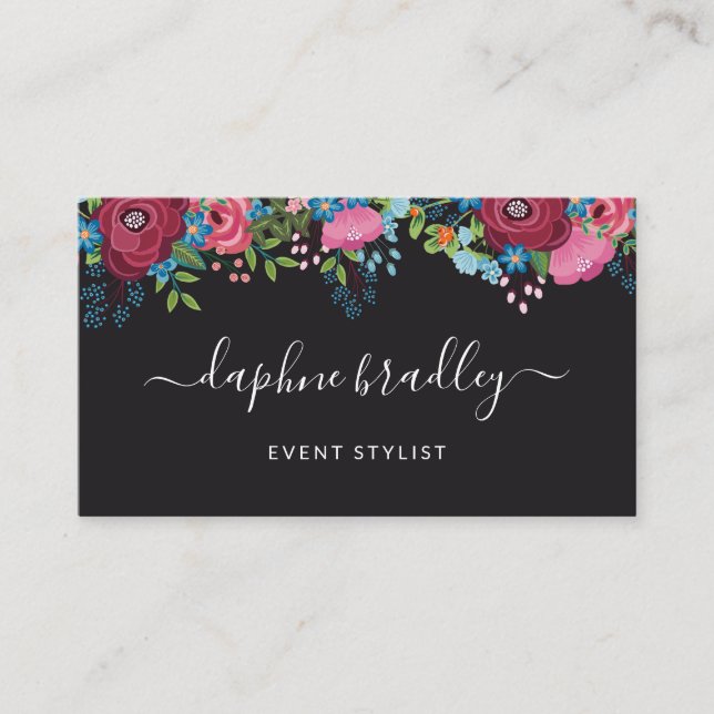 Burgundy Blue Flowers White Calligraphy Script Business Card (Front)
